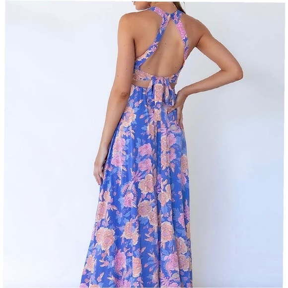 ZESICA Womens Halter Neck Floral Print Backless Split Beach Party Maxi - Picture 3 of 14